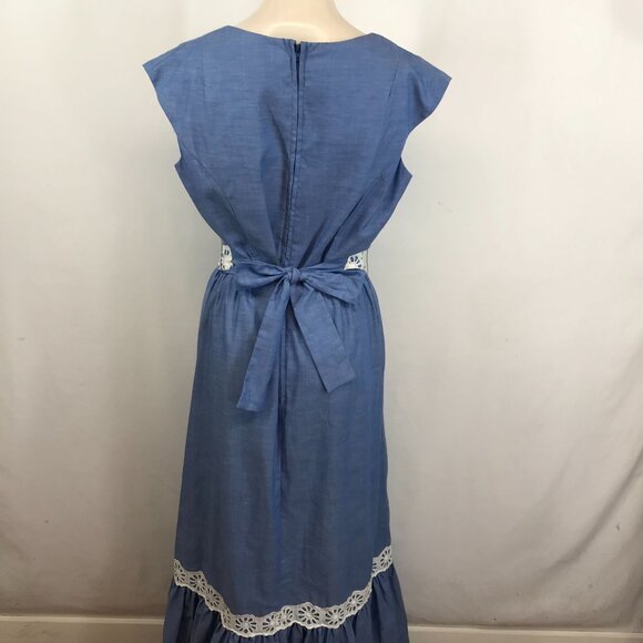 VTG ALICE OF CALIFORNIA - WOMEN'S M/L- BLUE SLEEVELESS BELTED BUTTON MAXI DRESS - Picture 3 of 4